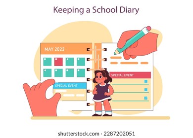 Schoolchild schedule and duties. Everyday routine of a schoolgirl. Little girl writing on her journal. School dairy and week plan. Flat vector illustration