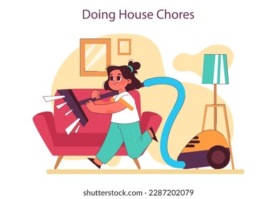 Schoolchild schedule and duties. Everyday routine of a schoolgirl. Little girl doing household chores, helping her parents. Flat vector illustration