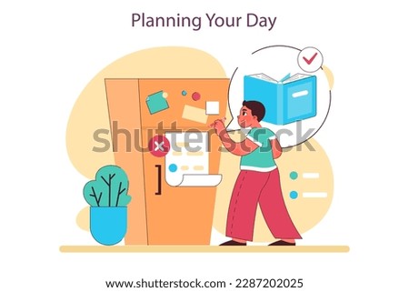 Schoolchild schedule and duties. Everyday routine of a schoolboy. Little boy writing on her journal, planning his day. Keeping a dairy and to do list. Flat vector illustration