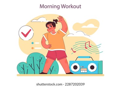 Schoolchild schedule and everyday routine. Little girl doing morning exercises and daily gymnastic routine at home. Flat vector illustration