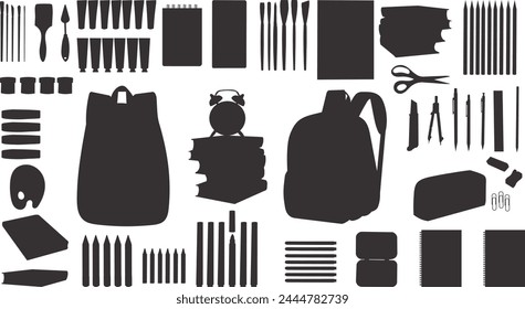 conjunto escolar, mochilas, libros, lápices silueta sobre fondo blanco Vector