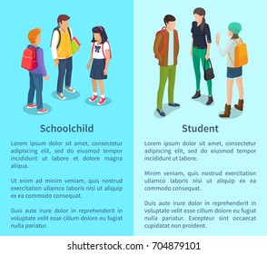 Schoolchild and student collection of posters with text. Isolated vector illustration of groups of boys and girls talking during break