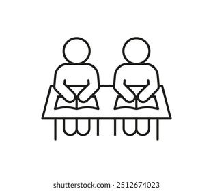Schoolchild study in school, line icon. Education on lesson sign. Student is sitting at desk with book. Vector illustration