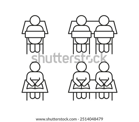 Schoolchild study in school, line icon. Education on lesson sign. Student is sitting at desk with book. Vector illustration