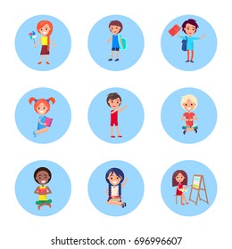 Schoolchildren with accessories for studying set of vector illustrations in round buttons isolated on white. Happy pupils in back to school concept