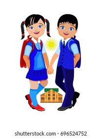 Schoolchildren in the background of the school. Vector Illustration.
