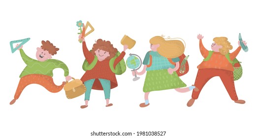 Schoolchildren with backpack holding big school stationery. schoolboy and schoolgirl with globe. ruler, textbooks. Funny cartoon character. Isolated on white background. School time.