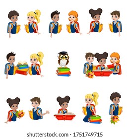 Schoolchildren with backpacks and a book go to school. A collection of images of schoolgirls and schoolchildren. Education. Vector illustration.