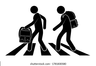 schoolchildren with backpacks cross the pedestrian crossing, street zebra. September 1 is beginning of the school year. Traffic safety on roads. Black and white vector