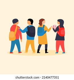 schoolchildren with backpacks go to school. Flat vector illustration. Boys and girls in colorful fashionable clothes communicate with each other.