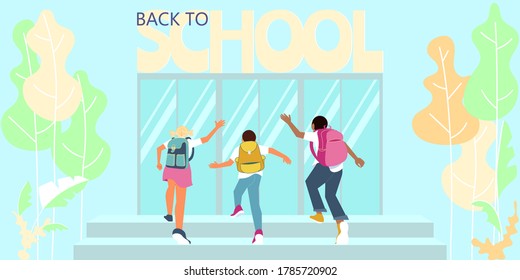 Schoolchildren with backpacks are running upstairs. Start of classes, back to school concept. Flat Art Vector Illustration