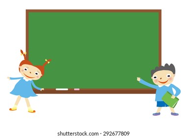 Schoolchildren at the blackboard in the classroom, frame with a copy space