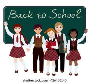 Schoolchildren are at the blackboard in full growth. The girls and the boy dressed in school uniform. Children are happy and waving welcoming back to school.