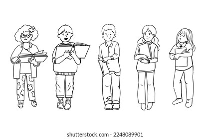 schoolchildren with books in hand. line illustration set. singles isolated on white background