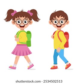 Los niños y niñas en gafas con mochilas van a la escuela. Regreso a la escuela.