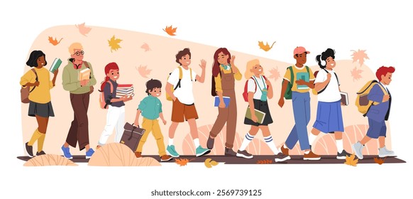 Schoolchildren cartoon characters of different age going to study at school classes over autumn background scene with falling leaves. Young students and adorable pupils in row vector illustration