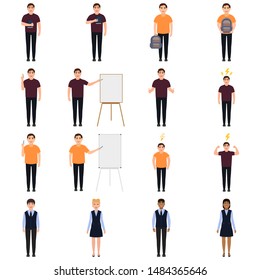 Schoolchildren characters in cartoon style, back to school icon set, boys and girls in school uniform, guy with a backpack vector illustration