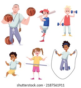 Schoolchildren and coach at physical education lesson at school, flat cartoon vector illustration isolated on white background. Kids and trainer cartoon characters set.