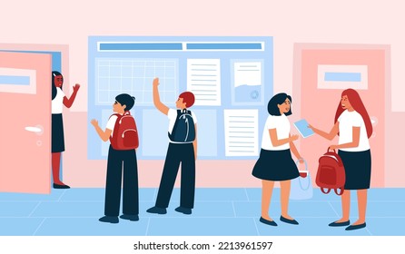 Schoolchildren In The Corridor Of The School During A Break Between Lessons. Bulletin Board In The Hallway. The Concept Of Learning. Teenagers With Different Skin Colors. Flat Vector Illustration.