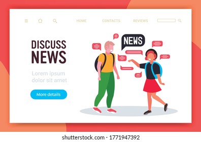 schoolchildren couple chatting during meeting discussing daily news chat bubble communication concept horizontal full length copy space vector illustration