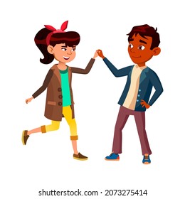 Schoolchildren Couple Dancing Together Vector. Latin Schoolboy Dancing Energy Dance With Japanese Schoolgirl On Party. Characters Recreational Time And Friendship Flat Cartoon Illustration