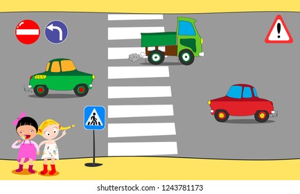 Schoolchildren cross road on pedestrian crossing in downtown, near school. Vector.