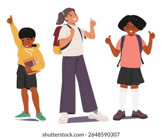 Schoolchildren of different age feeling positive inspiration gesturing thumbsup ready to school set. Pretty girls and boy students in uniform celebrating beginning of education vector illustration