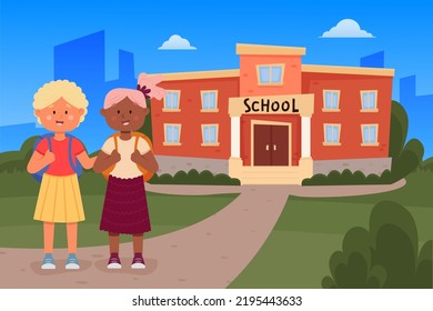 Schoolchildren of different nationalities stand in front of the school building