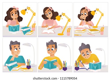 Schoolchildren doing homework set of little student girls and boys sitting at table, reading and writing with happy and upset face emotions isolated on white background. Cartoon vector illustration.