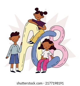 Schoolchildren with english letters.  Hand drawn vector flat illustration of cartoon characters in doodle style.
