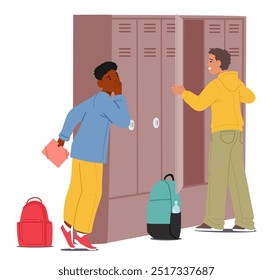 Schoolchildren Enjoying Break In The Hallway With Lockers And Backpacks Visible. Student Boys Characters Are Engaged In Lively Interaction, Whispering And Expressing Friendship in School Environment