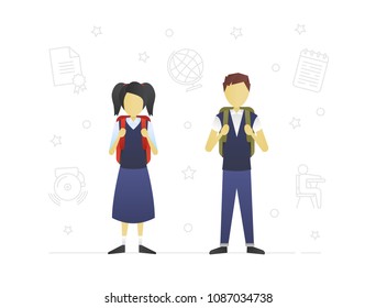 Schoolchildren flat character design. Brother and sister. Teenagers. Grade schoolers with backpacks. Vector isolated illustration