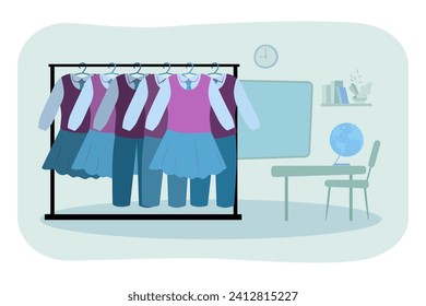 Schoolchildren are forced to wear school uniform. School clothes on hanger vector illustration with school desk, blackboard and book shelf on background. School rules, education concept