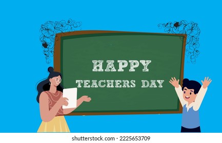 Schoolchildren give flowers to happy teacher on background of school green board in classroom. Teachers' Day.