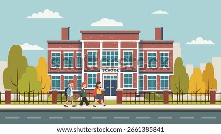 Schoolchildren go to school against the background of a large school building. Vector illustration of a school building and schoolchildren with backpacks. Back to school.