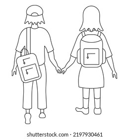 Schoolchildren Go To School Hand In Hand. Sketch. A Boy In A Cap With A Bag For Textbooks. Girl With A Backpack. Children View From The Back. Vector Illustration. Doodle Style. Coloring Book