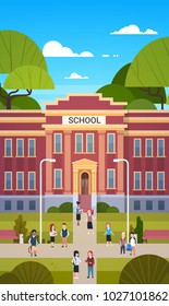 Schoolchildren Going To School Building Exterior With Group Of Pupils Students Flat Vector Illustration