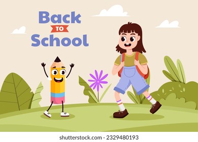 Schoolchildren going to school. Girl and pencil, Back to School illustration