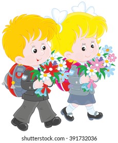 Schoolchildren going to school with schoolbags and flowers