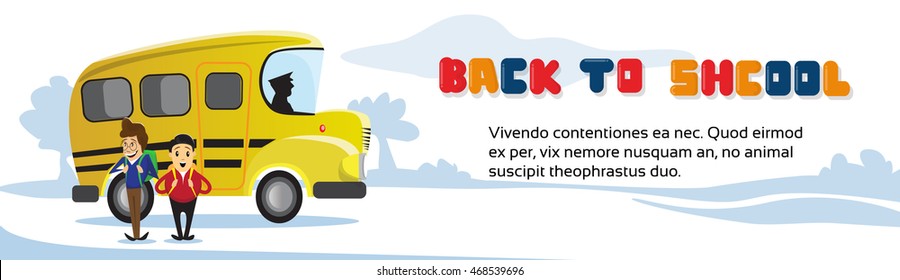 Schoolchildren Group Bus Back To School Education Banner Flat Vector Illustration