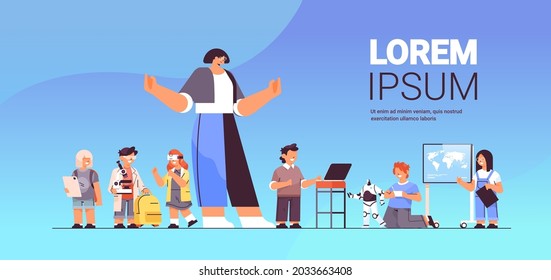 schoolchildren group with female teacher education concept horizontal full length