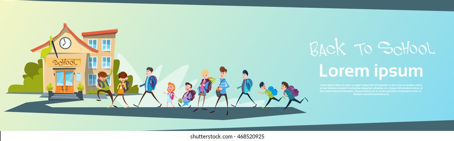 Schoolchildren Group Go Back To School Education Banner Flat Vector Illustration