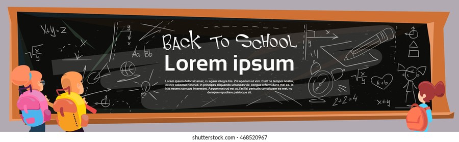 Schoolchildren Group Over Class Board Lesson Back To School Banner Flat Vector Illustration