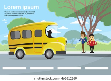 Schoolchildren Group Wait Bus School Education Banner Flat Vector Illustration