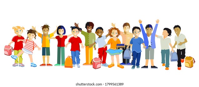 Schoolchildren happily together, vector illustration