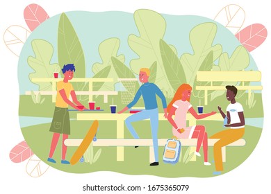 Schoolchildren Having Lunch at Yard Flat Cartoon Vector Illustration. Boys Cleaning Trays with Food after Eating. Girl and Guy Sitting at Table Having Meal and Talking. Summer or Spring Time.