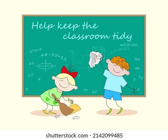 Schoolchildren help clean the classroom and tidy up the blackboard