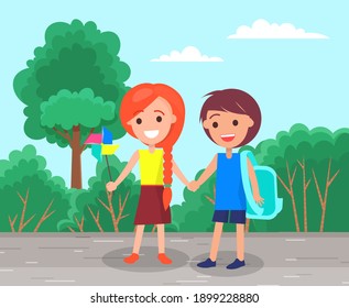 Schoolchildren are holding hands walking outdoor down the street. Boy and girl with backpack caring toy fan in her hand. Back to school illustration. Happy children go to kindergarten together