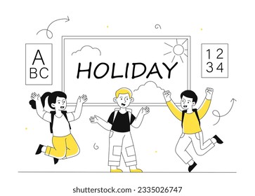 Schoolchildren at holidays in school line. Boys and girl with backpacks celebrate end of lessons. Teens have fun together. Education, learning and training. Linear flat vector illustration