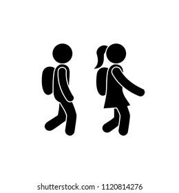 schoolchildren icon, children isolated pictogram, boy and girl go with backpacks, human silhouette, child symbol